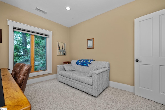 carpeted office with recessed lighting, baseboards, and visible vents