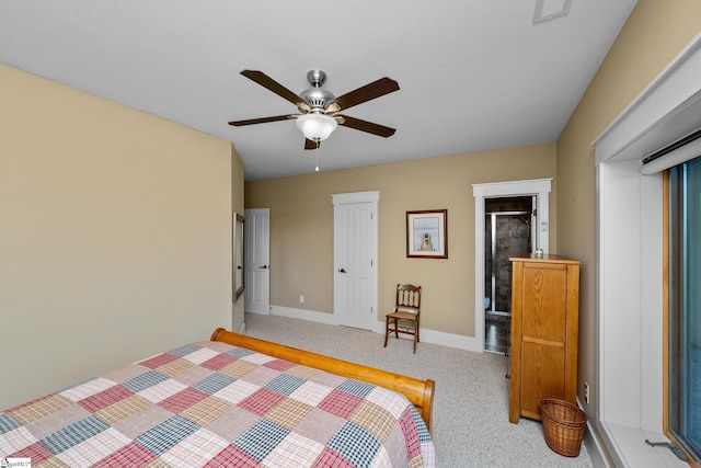bedroom with baseboards, visible vents, light carpet, and ceiling fan