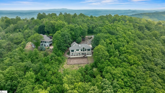 aerial view with a view of trees and a mountain view