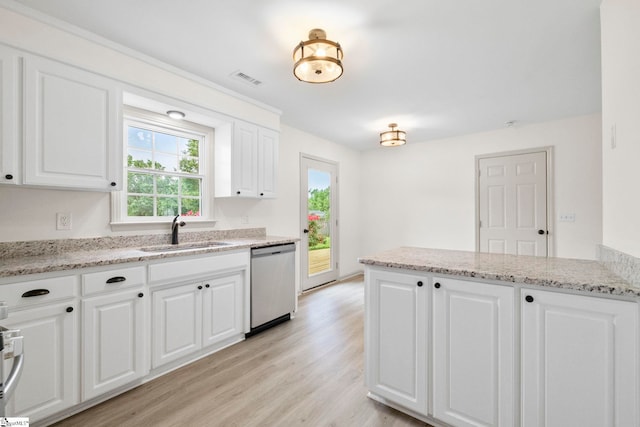 kitchen featuring visible vents, stainless steel dishwasher, a sink, light wood finished floors, and white cabinetry