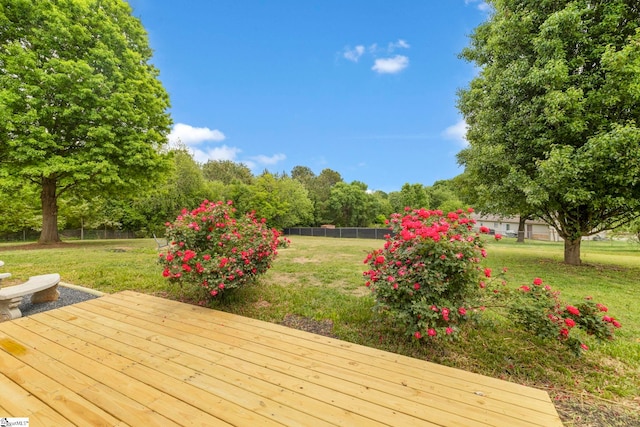 wooden deck featuring a yard and fence