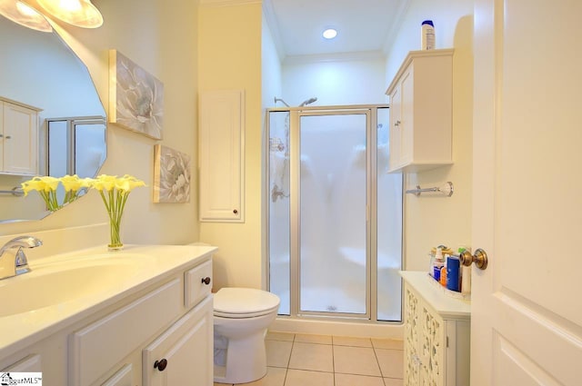 132 Hartsfield Dr, Easley, SC 29642 - bathroom with crown molding, a stall shower, tile patterned floors, and toilet