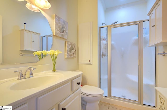 132 Hartsfield Dr, Easley, SC 29642 - full bathroom with crown molding, tile patterned flooring, vanity, toilet, and a stall shower