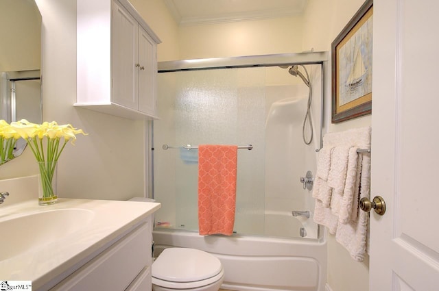 132 Hartsfield Dr, Easley, SC 29642 - full bathroom with crown molding, vanity, bath / shower combo with glass door, and toilet