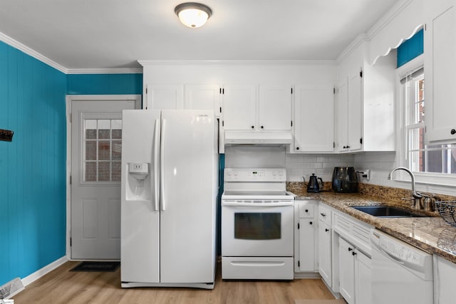 kitchen with a sink, white appliances, light wood-style flooring, white cabinetry, and under cabinet range hood