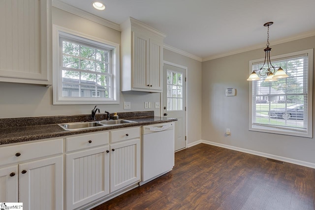 101 Merganser Ct, Liberty, SC 29657 - kitchen with white dishwasher, dark countertops, dark wood-style flooring, and a sink