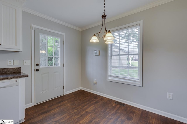 101 Merganser Ct, Liberty, SC 29657 - unfurnished dining area featuring visible vents, baseboards, crown molding, and dark wood-style floors