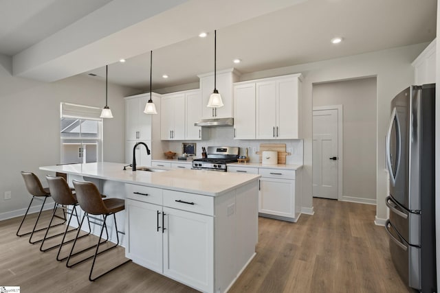 kitchen featuring white cabinetry, under cabinet range hood, a sink, light wood-style flooring, and stainless steel appliances