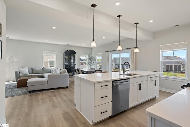 kitchen with a sink, white cabinetry, light wood-type flooring, stainless steel dishwasher, and visible vents