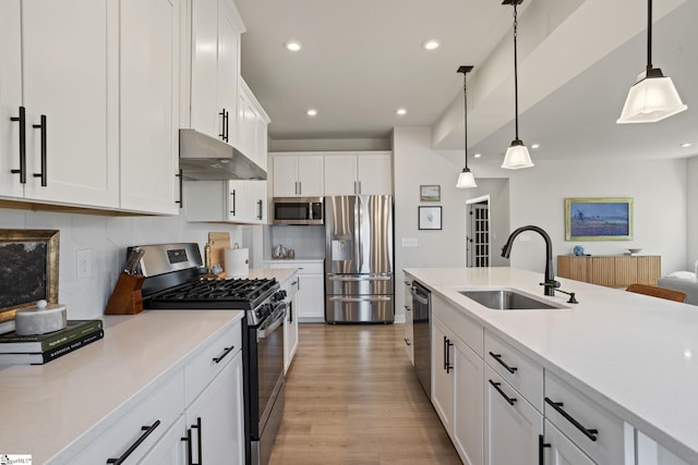 kitchen featuring under cabinet range hood, white cabinets, a sink, light wood finished floors, and stainless steel appliances