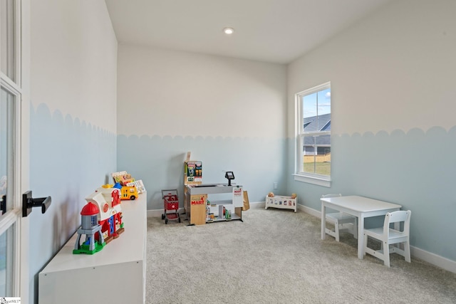 rec room with carpet floors, recessed lighting, and baseboards