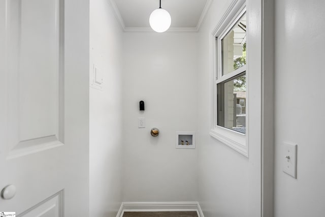 washroom featuring hookup for an electric dryer, laundry area, crown molding, baseboards, and hookup for a washing machine