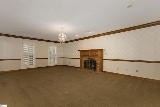 5 Bellfort Ct, Taylors, SC 29687 - unfurnished living room featuring an inviting chandelier, crown molding, carpet, and wallpapered walls