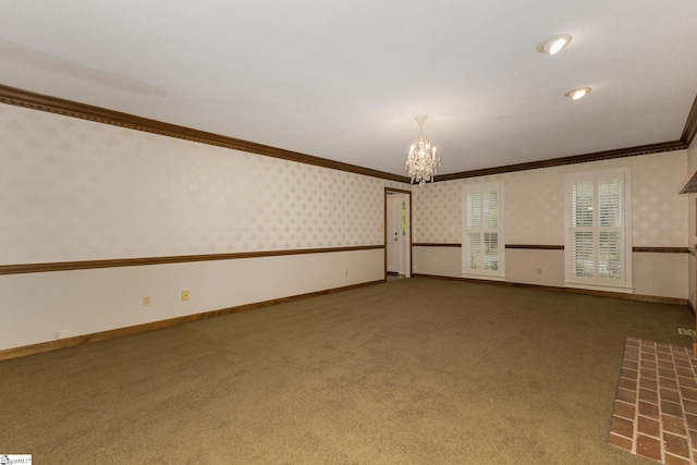 5 Bellfort Ct, Taylors, SC 29687 - carpeted empty room featuring wallpapered walls, a chandelier, ornamental molding, and baseboards