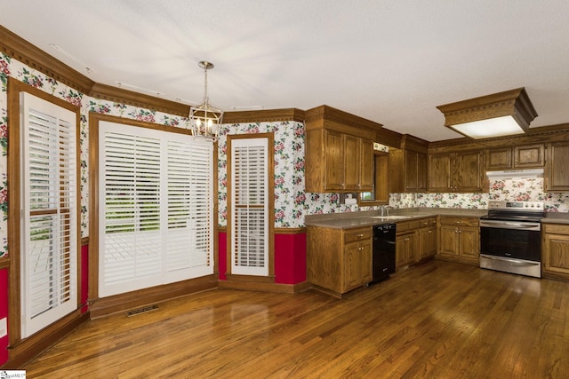 5 Bellfort Ct, Taylors, SC 29687 - kitchen with dark wood-style floors, wallpapered walls, under cabinet range hood, dishwasher, and stainless steel range with electric cooktop