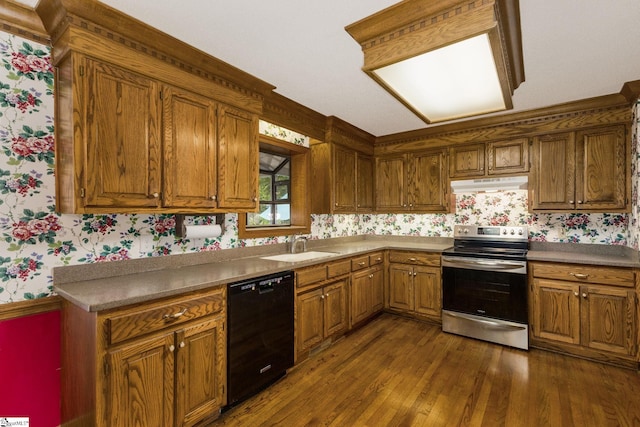 5 Bellfort Ct, Taylors, SC 29687 - kitchen featuring wallpapered walls, under cabinet range hood, brown cabinets, dishwasher, and stainless steel range with electric cooktop
