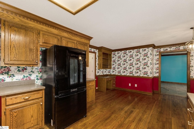 5 Bellfort Ct, Taylors, SC 29687 - kitchen with freestanding refrigerator, brown cabinets, wallpapered walls, and dark wood finished floors