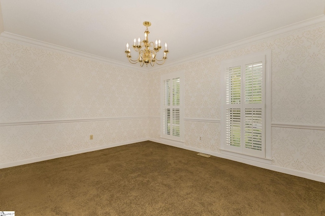 5 Bellfort Ct, Taylors, SC 29687 - spare room with an inviting chandelier, ornamental molding, visible vents, dark carpet, and wallpapered walls
