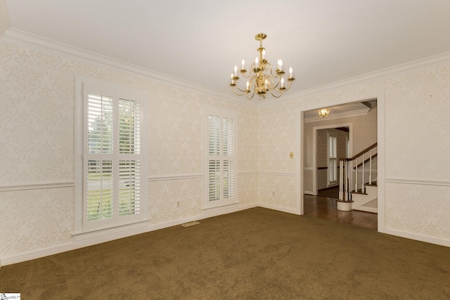 5 Bellfort Ct, Taylors, SC 29687 - unfurnished room featuring stairway, dark colored carpet, a chandelier, ornamental molding, and wallpapered walls