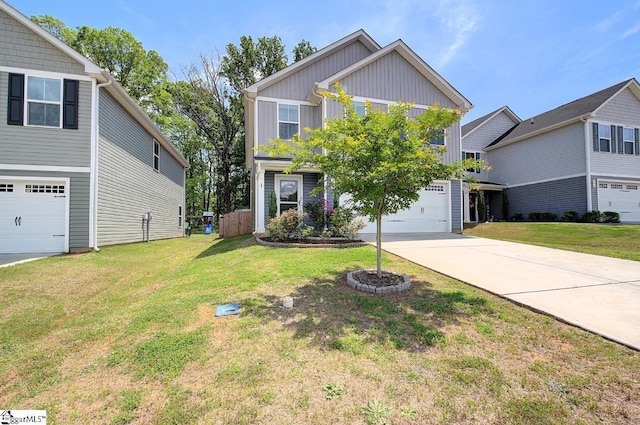 view of front of property featuring board and batten siding, a garage, driveway, and a front lawn