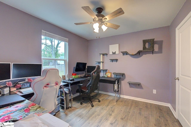 office featuring baseboards, ceiling fan, and wood finished floors