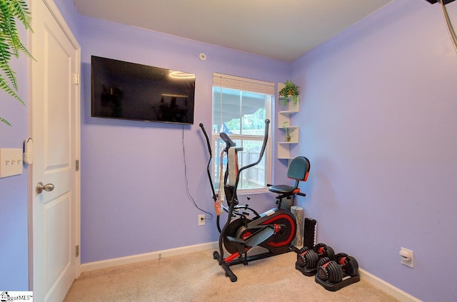 exercise room with baseboards and carpet