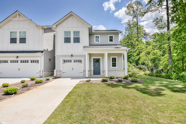 modern inspired farmhouse with board and batten siding, an attached garage, concrete driveway, and a front yard