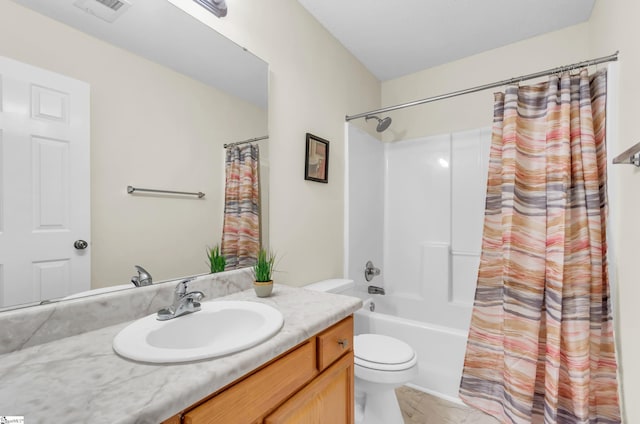 bathroom featuring vanity, visible vents, marble finish floor, toilet, and shower / bathtub combination with curtain
