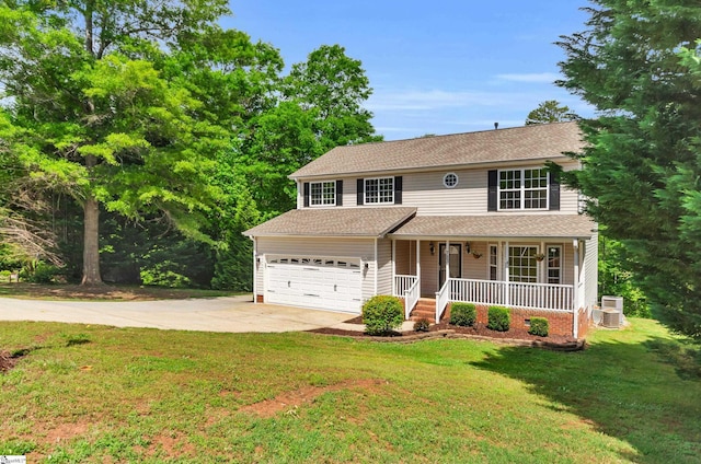 traditional home featuring a porch, driveway, central AC, a front lawn, and an attached garage
