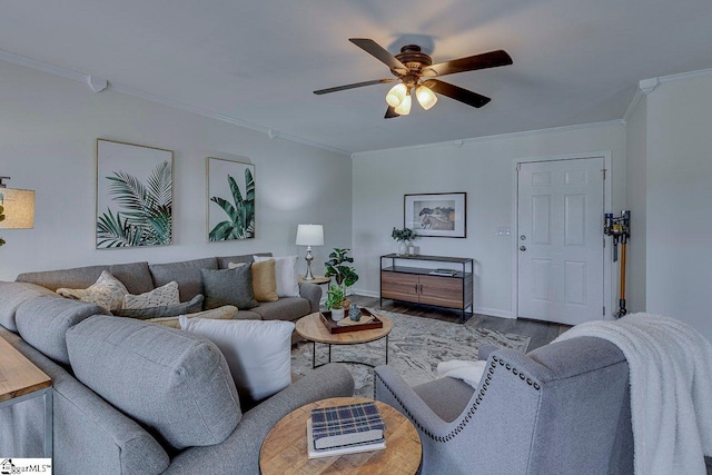 106 Hickory Valley Way, Taylors, SC 29687 - living room featuring crown molding, a ceiling fan, baseboards, and wood finished floors