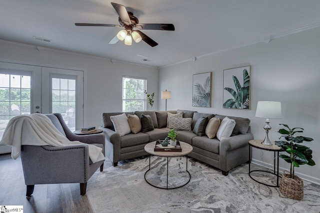 106 Hickory Valley Way, Taylors, SC 29687 - living area with ceiling fan, french doors, visible vents, baseboards, and ornamental molding