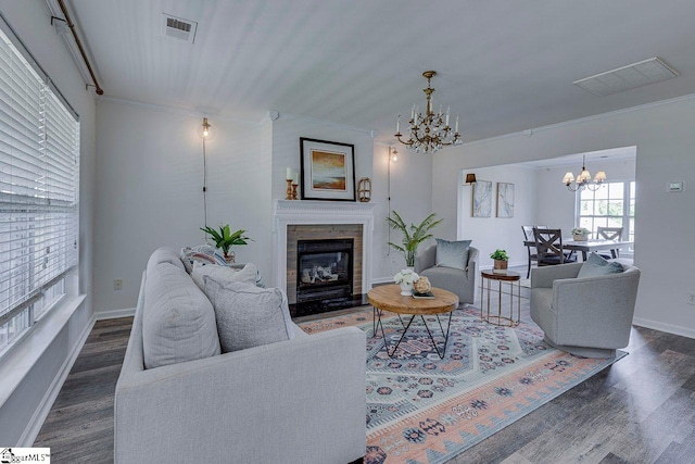 106 Hickory Valley Way, Taylors, SC 29687 - living area with visible vents, dark wood-style floors, and a notable chandelier