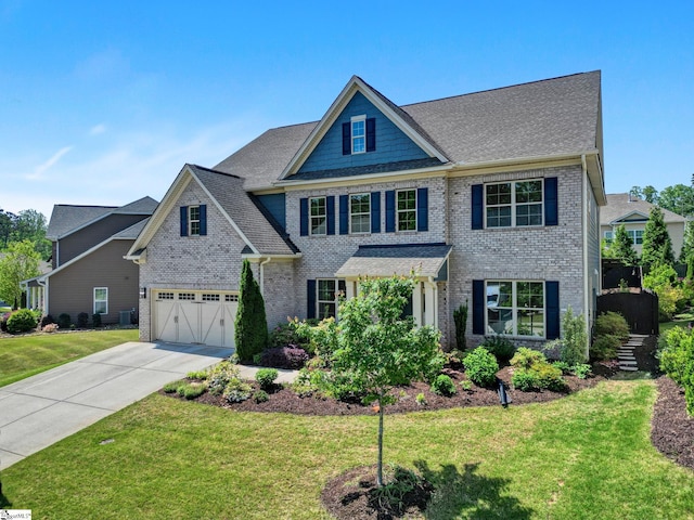 traditional home featuring a shingled roof, concrete driveway, a front lawn, and brick siding