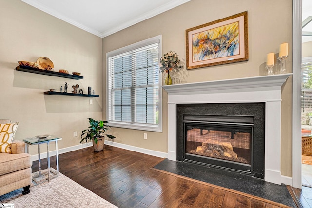 sitting room featuring a fireplace with flush hearth, baseboards, ornamental molding, and wood-type flooring