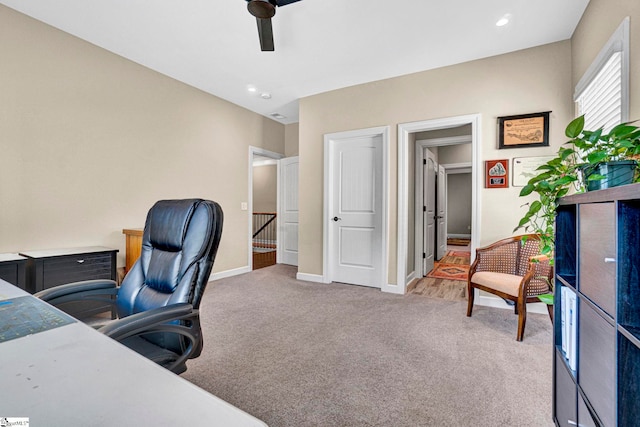 office space featuring baseboards, a ceiling fan, carpet flooring, and recessed lighting