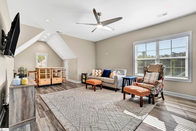 interior space featuring recessed lighting, ceiling fan, visible vents, and wood finished floors