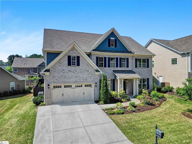view of front facade with an attached garage, central AC, a front lawn, brick siding, and concrete driveway