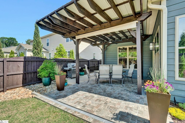 view of patio / terrace featuring outdoor dining area, a fenced backyard, ceiling fan, and grilling area