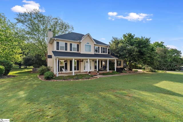 colonial home with covered porch, a chimney, and a front lawn