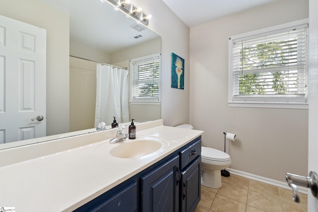 bathroom featuring visible vents, baseboards, tile patterned floors, vanity, and toilet