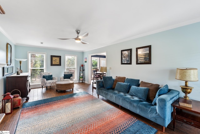 living room featuring ornamental molding, a ceiling fan, and hardwood / wood-style flooring