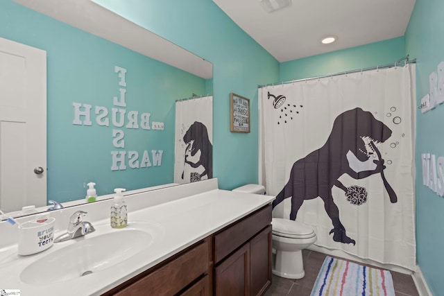 324 Runion Lake Ct, Taylors, SC 29687 - bathroom with toilet, vanity, curtained shower, visible vents, and tile patterned flooring