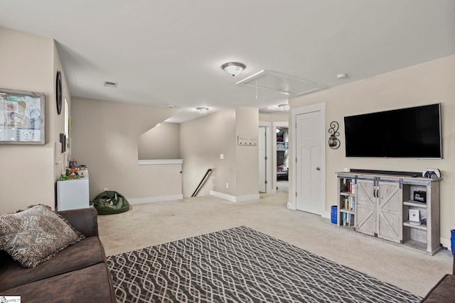 324 Runion Lake Ct, Taylors, SC 29687 - living room featuring baseboards, carpet flooring, visible vents, and attic access