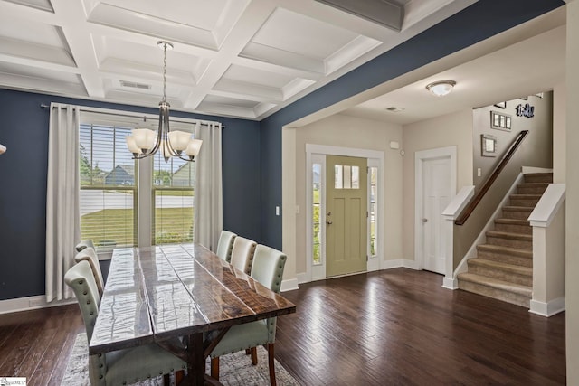 324 Runion Lake Ct, Taylors, SC 29687 - dining space with baseboards, a notable chandelier, stairway, and dark wood-style floors