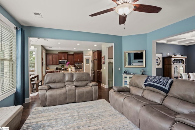 324 Runion Lake Ct, Taylors, SC 29687 - living room with ceiling fan, visible vents, baseboards, recessed lighting, and dark wood-type flooring