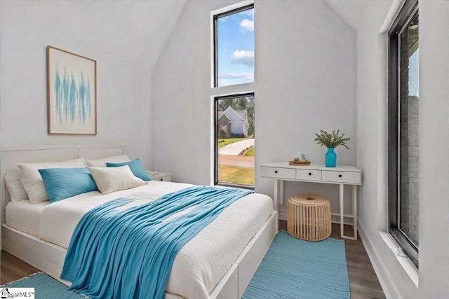 bedroom featuring multiple windows, wood finished floors, and lofted ceiling