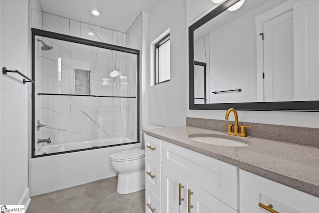 full bath featuring recessed lighting, vanity, enclosed tub / shower combo, and toilet