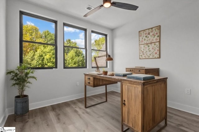office with a healthy amount of sunlight, ceiling fan, light wood-type flooring, and visible vents