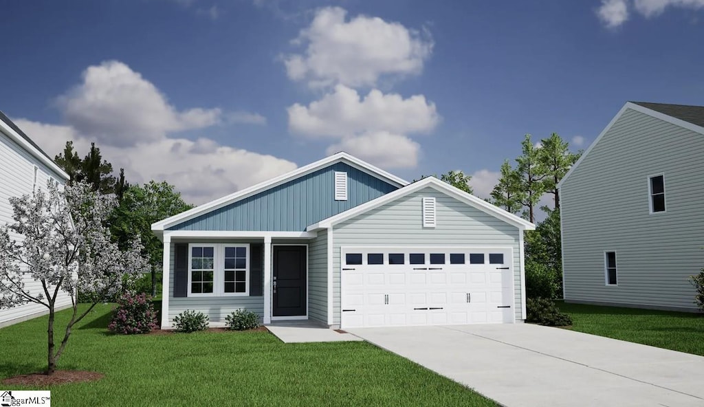 ranch-style home with an attached garage, driveway, and a front yard