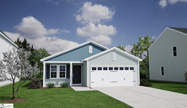 ranch-style home with an attached garage, driveway, and a front yard